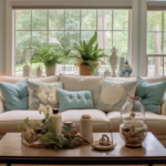 a beautifully staged living room in a South Carolina home. Bathed in warm natural light, the room exudes an inviting and cozy atmosphere. The focal point is a stylish, comfortable sofa adorned with plush cushions in a tasteful color palette that complements the room's overall design. An elegant coffee table, perfectly accessorized with a stack of books and a vase of fresh flowers, stands at the center of the room. A soft area rug anchors the space, creating a sense of warmth and comfort underfoot. The room features carefully curated decor, including artwork on the walls, decorative lamps, and tasteful accent pieces on shelves or side tables.