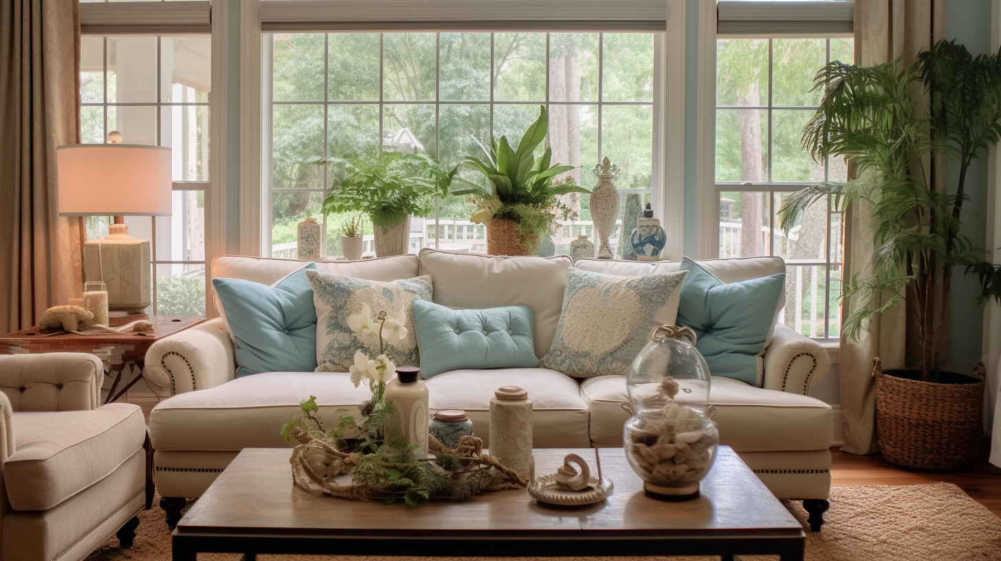 a beautifully staged living room in a [market_city] home. Bathed in warm natural light, the room exudes an inviting and cozy atmosphere. The focal point is a stylish, comfortable sofa adorned with plush cushions in a tasteful color palette that complements the room's overall design. An elegant coffee table, perfectly accessorized with a stack of books and a vase of fresh flowers, stands at the center of the room. A soft area rug anchors the space, creating a sense of warmth and comfort underfoot. The room features carefully curated decor, including artwork on the walls, decorative lamps, and tasteful accent pieces on shelves or side tables.