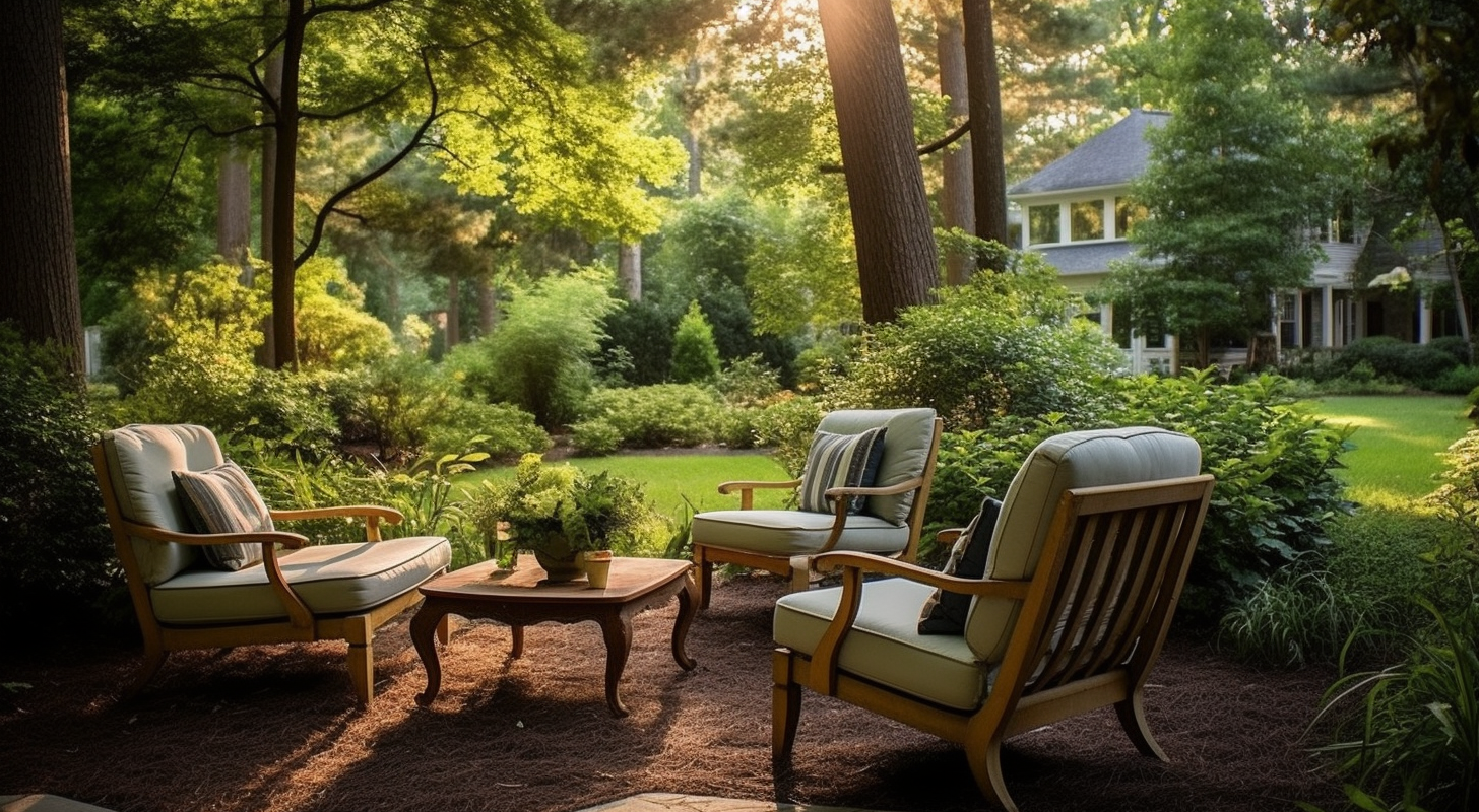 a beautifully transformed backyard in a [market_city] home. The scene is bathed in warm sunlight, illuminating the lush green lawn and vibrant foliage. The focal point of the image is a spacious patio area, adorned with comfortable outdoor furniture arranged in a welcoming conversation setting