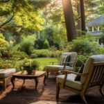 a beautifully transformed backyard in a South Carolina home. The scene is bathed in warm sunlight, illuminating the lush green lawn and vibrant foliage. The focal point of the image is a spacious patio area, adorned with comfortable outdoor furniture arranged in a welcoming conversation setting
