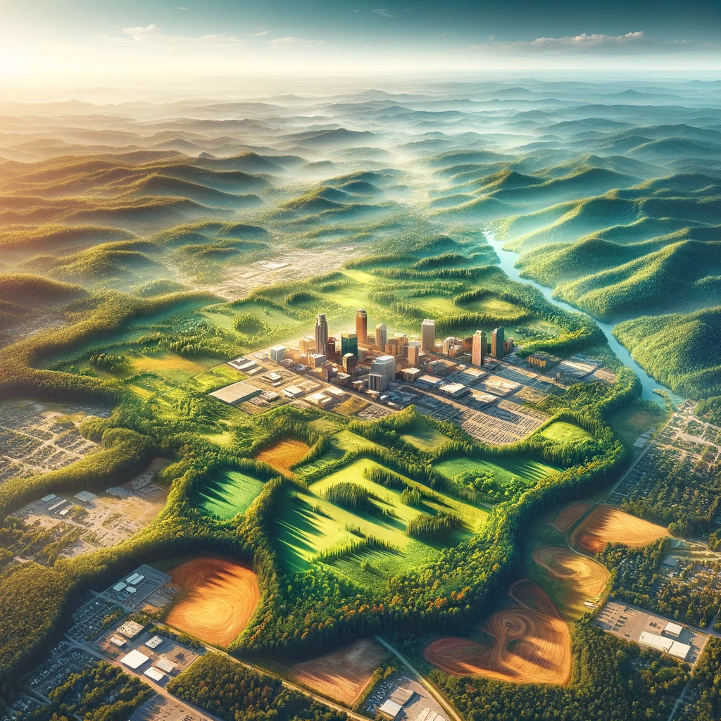 Aerial view of Greenville, SC, showing a mix of undeveloped land, forests, and urban areas, highlighting the concept of selling land 'as is.