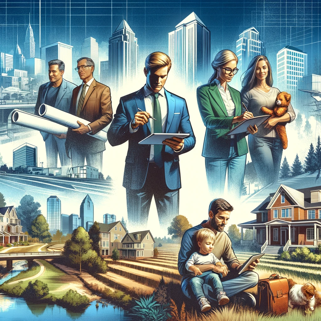 Diverse group of potential land buyers in Greenville, including a real estate developer, an investor, and a family, against a mixed urban-natural backdrop.