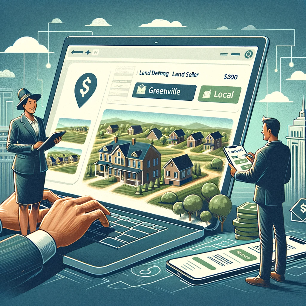 A land seller in Greenville, SC, showcasing a property on a laptop with potential buyers viewing it on their devices, against a backdrop of Greenville's landscape.
