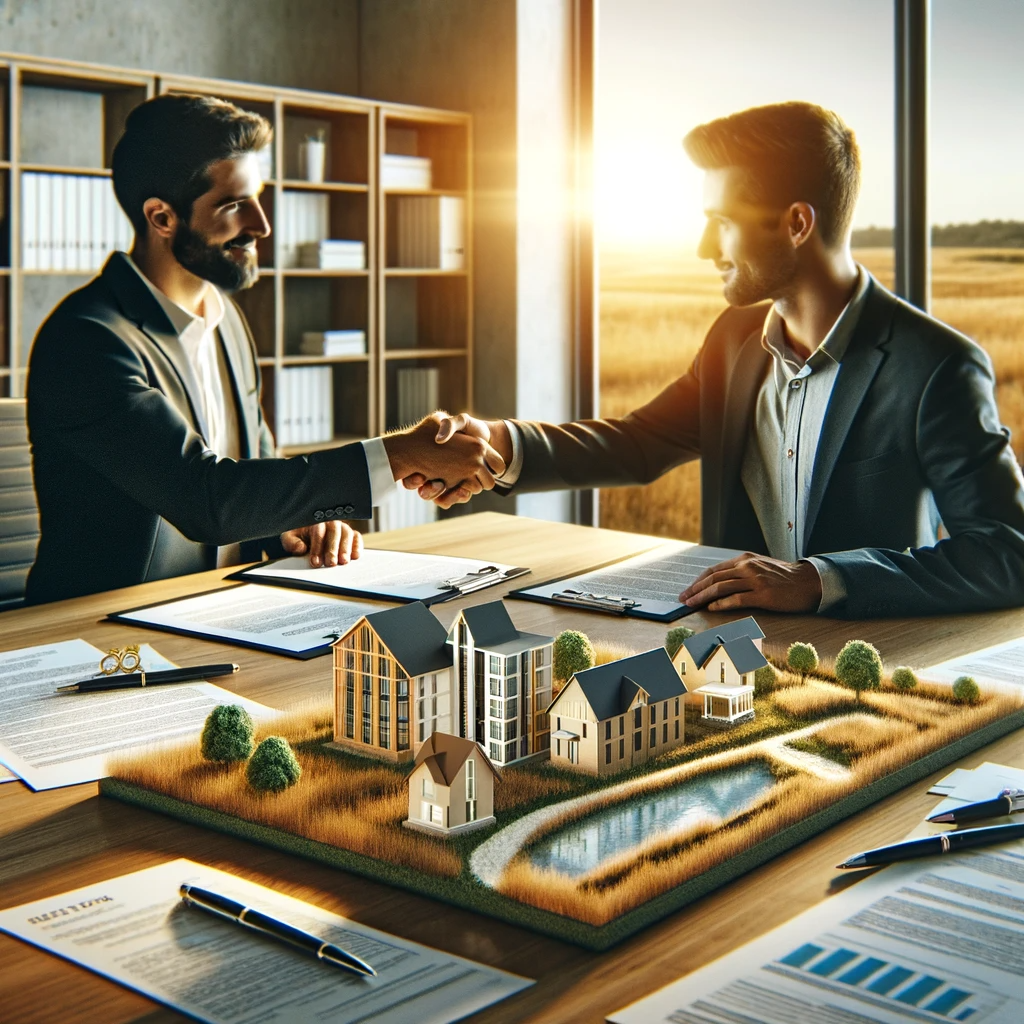 Seller and buyer shaking hands over a table with land documents and blueprints, symbolizing a successful land sale closing in Greenville, SC.