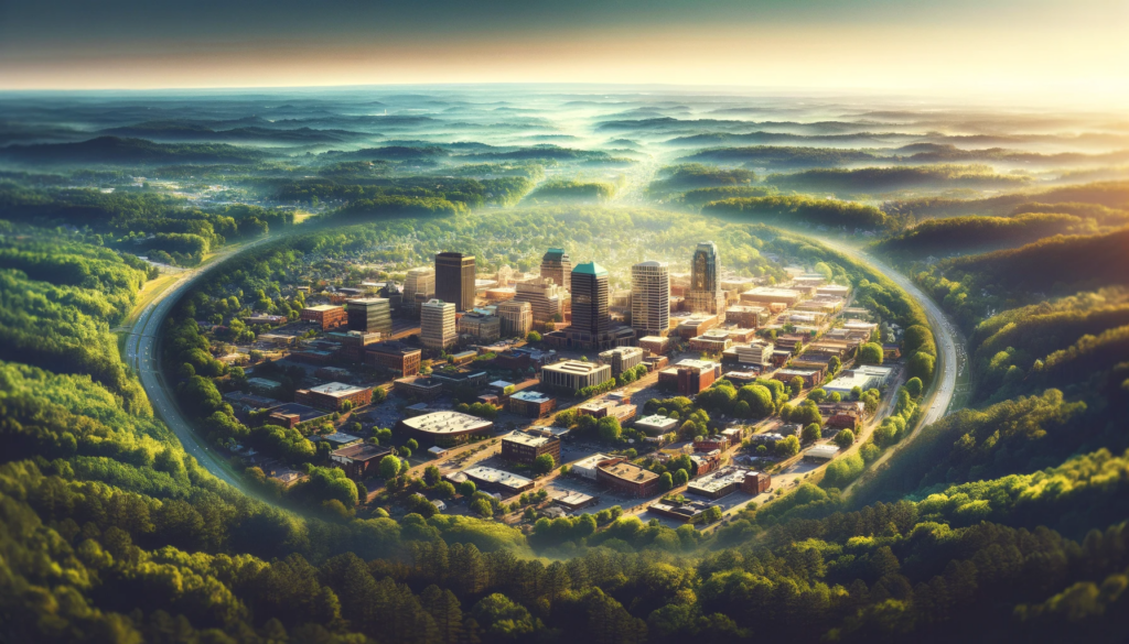 Panoramic view of Greenville, SC, blending urban cityscape with lush countryside, symbolizing the balance of urban growth and natural beauty.