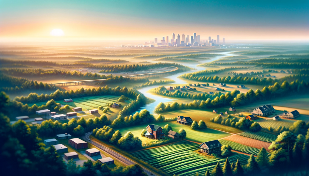Panoramic view of Anderson, SC, blending rural green fields with urban development.