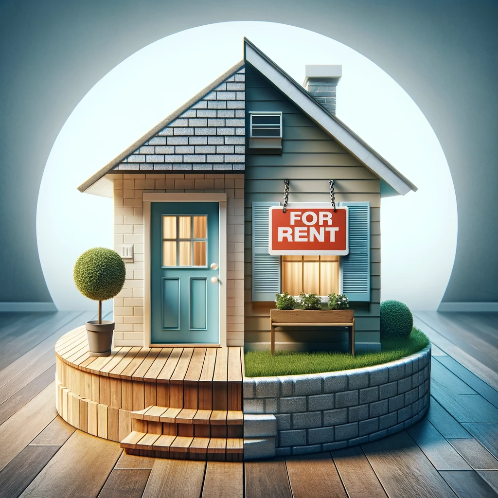 Split-view house illustrating transition from 'For Rent' to 'Sold,' representing the rent-to-own process in real estate.