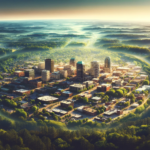 Panoramic view of Greenville, SC, blending urban cityscape with lush countryside, symbolizing the balance of urban growth and natural beauty.