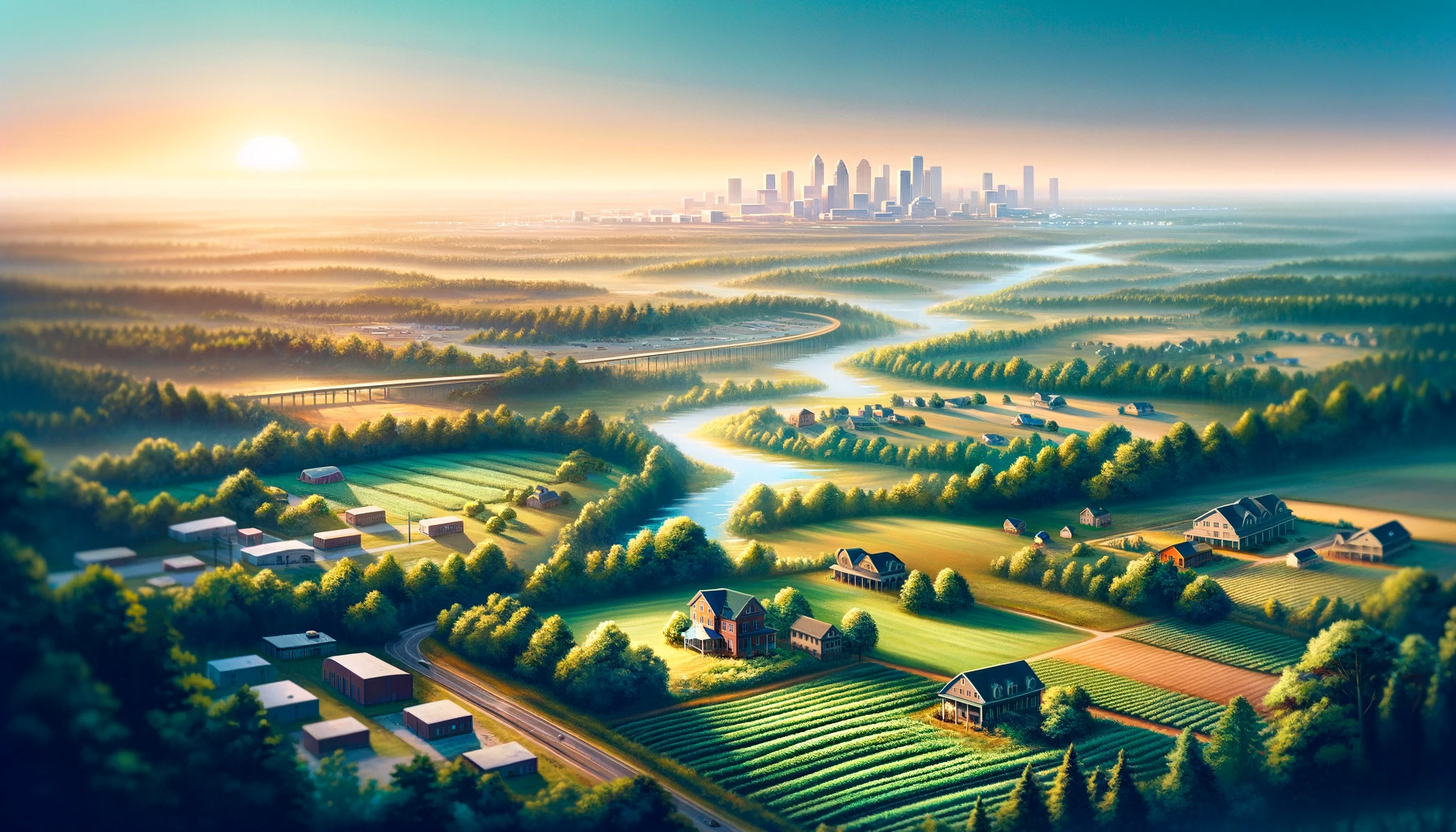 Panoramic view of Anderson, SC, blending rural green fields with urban development.