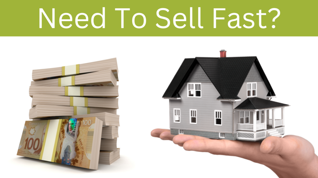 Sell your house fast for cash—stack of money with a hand holding a home.