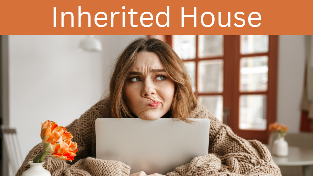 Get immediate help with your inherited property stress Woman with confused expression hugging laptop, looking stressed about inherited house situation