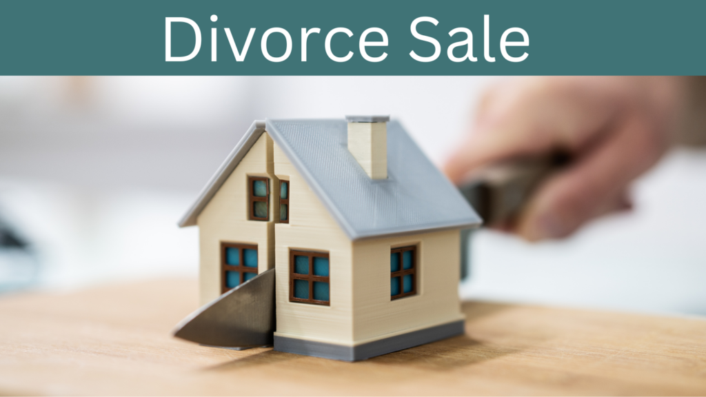 House split in half by knife symbolizing divorce sale.