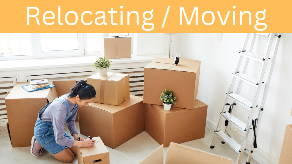 Woman packing moving boxes in a home, preparing for relocation for a job transfer