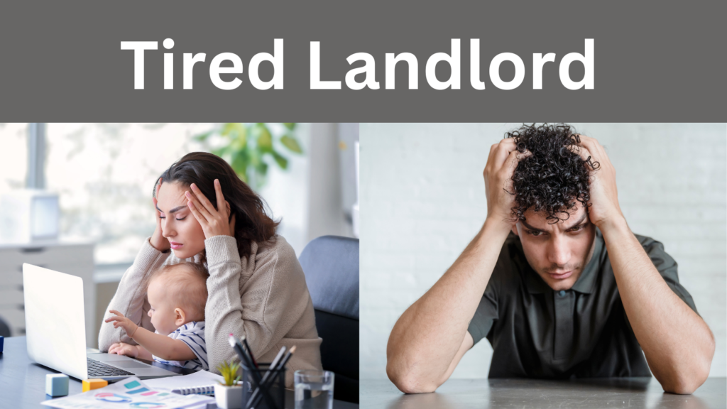 Stressed mother holding baby while looking at a laptop, with a frustrated man beside her, representing a tired landlord dealing with property issues.