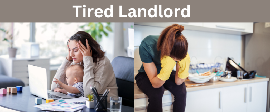 Two stressed property owners looking overwhelmed with 'Tired Landlord' caption - illustrating the frustration of rental property management in Alberta