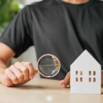 A photo of a man holding a magnifying glass to a small house, representing a home inspection.