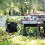 A photo of a chaotic clutter typical when selling a hoarder house, featuring overgrown weeds overtaking trash-filled barrels and scattered junk.