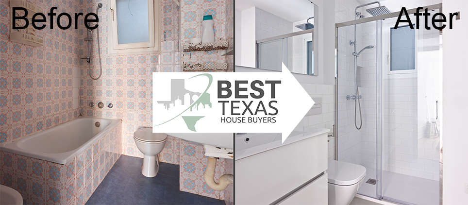 Best-Texas-House-Buyers-Bathroom-Before-After-Renovation-Dallas Before and after image of a bathroom renovated by Best Texas House Buyers, showing a dirty and outdated bathroom on the left, and a clean, modern bathroom on the right, representing the company’s commitment to repairs and rehab for sellers