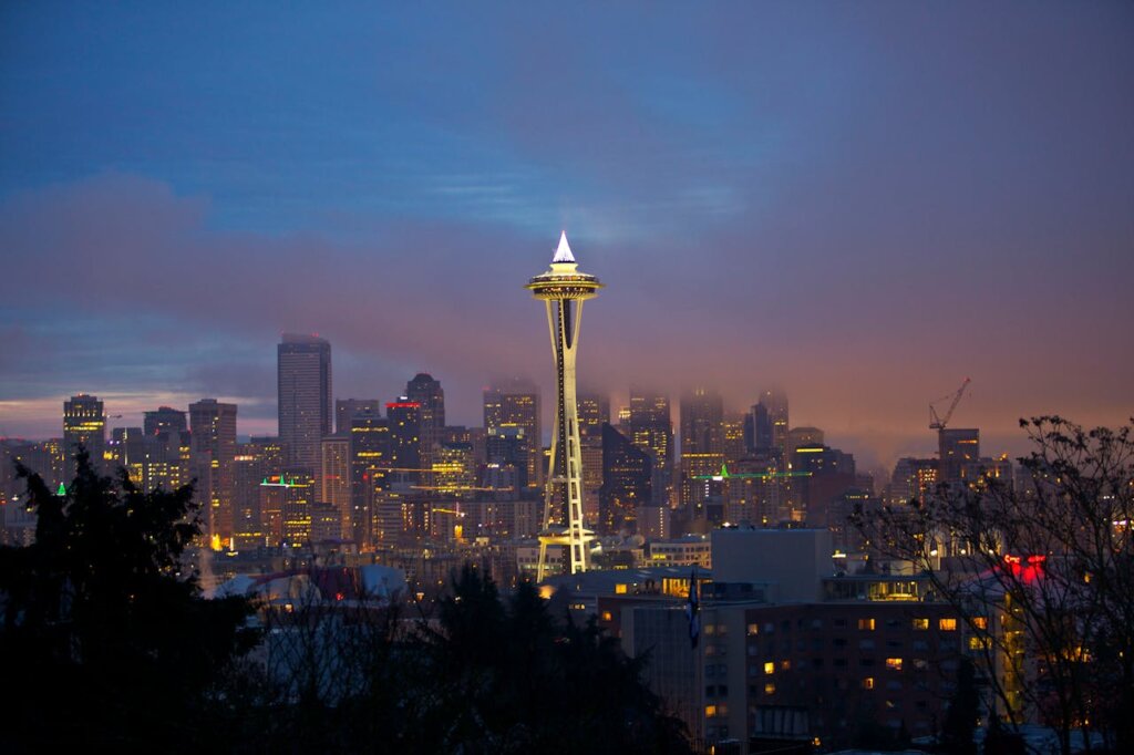 A city view of Seattle at night.