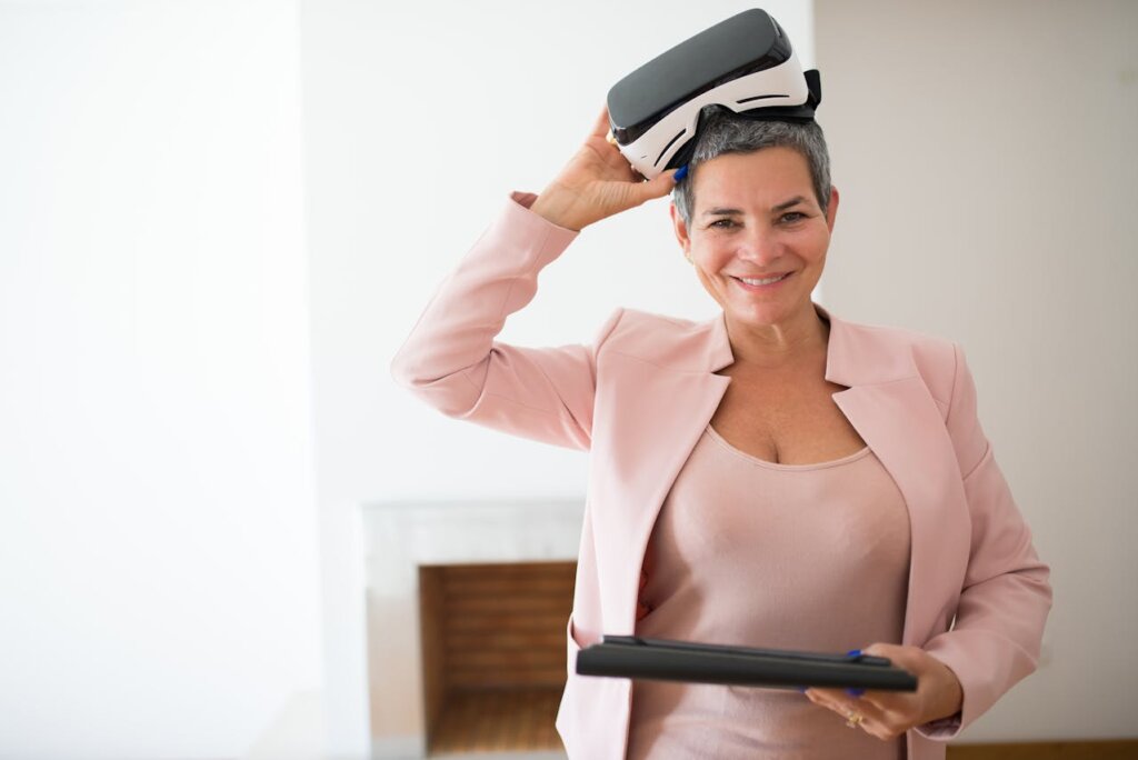 A real estate agent holding VR and smiling