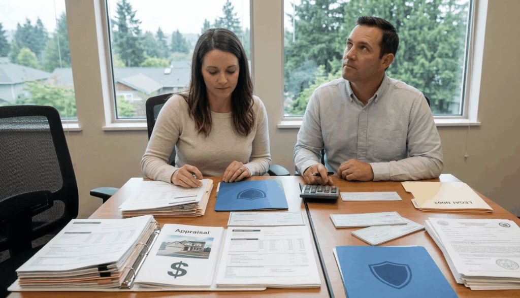 An man and woman, representing home buyers, sit at a conference table reviewing real estate closing documents.