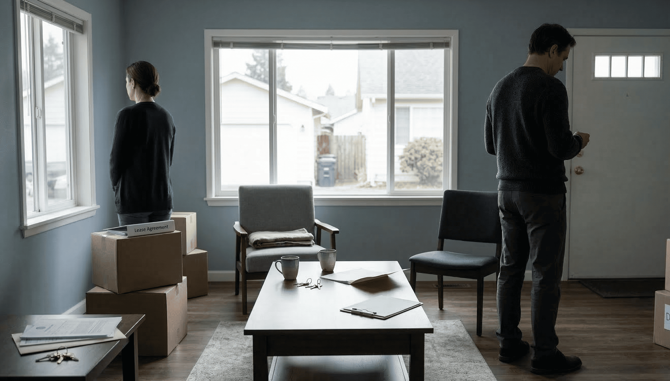 Two people standing in a nearly empty home during a divorce or separation-related house sale.