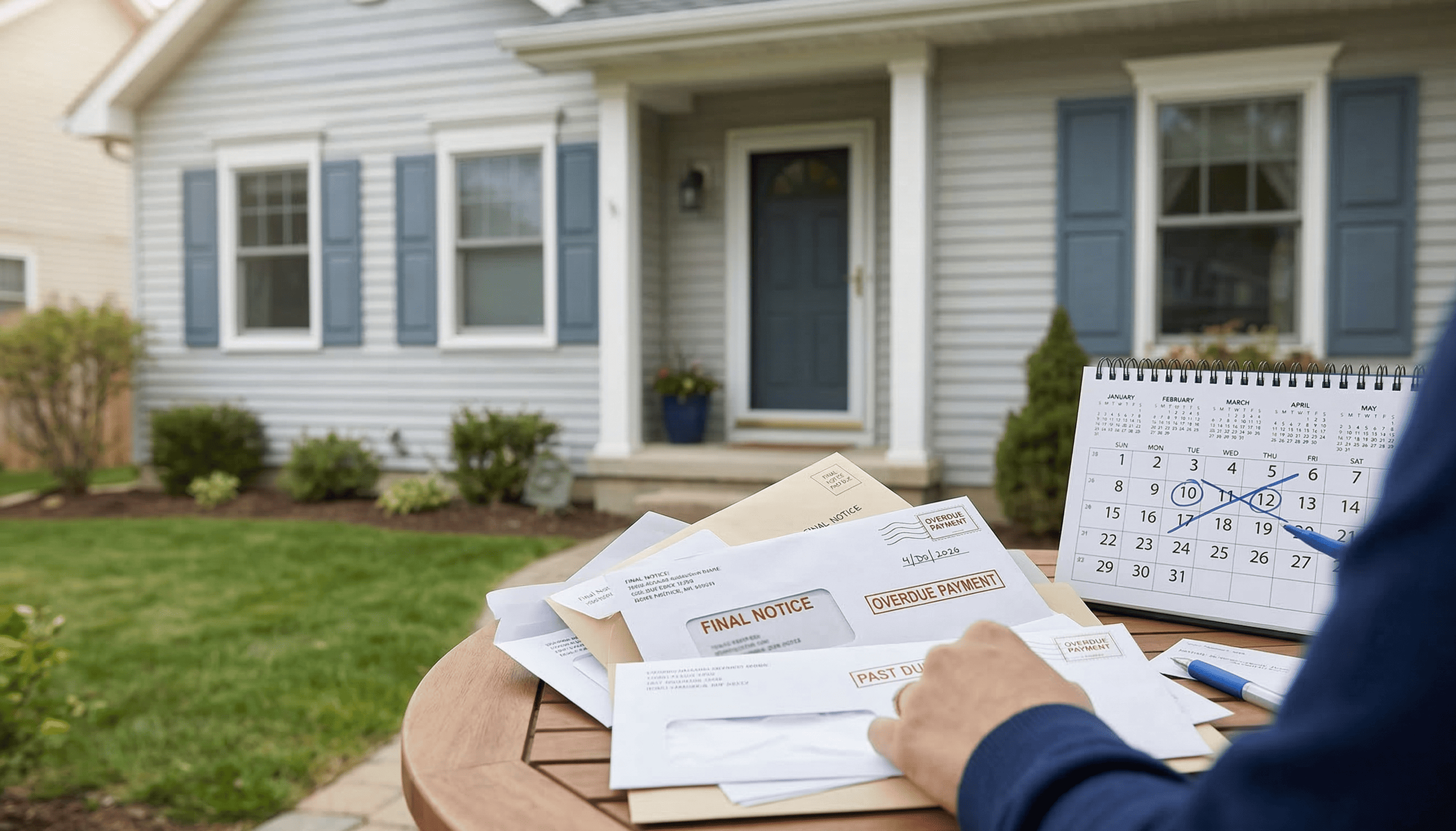 Homeowner reviewing bills and mortgage paperwork outside a house while exploring options to sell quickly.