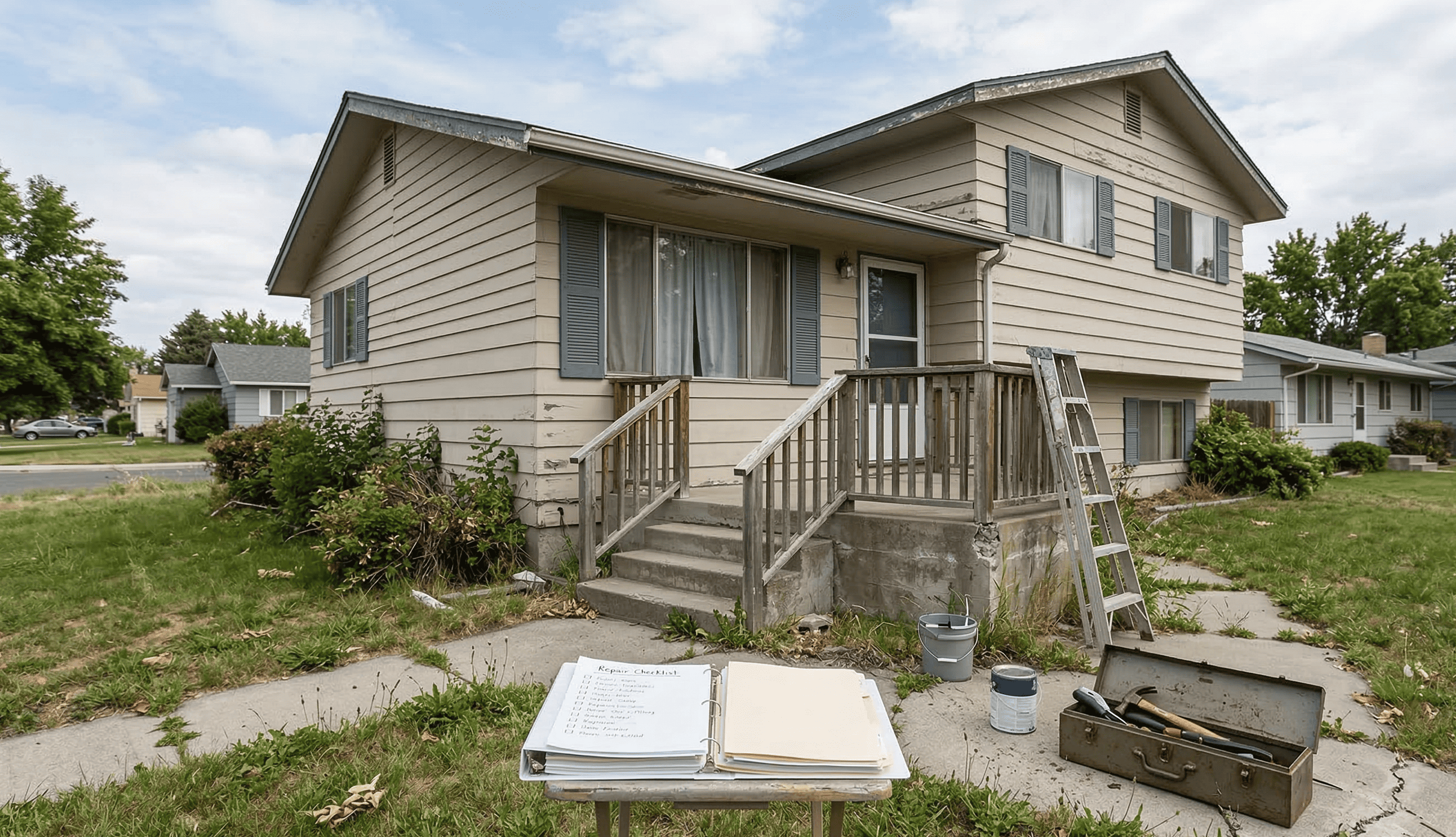 Older Kennewick house with visible exterior wear and repair needs before an as-is home sale.