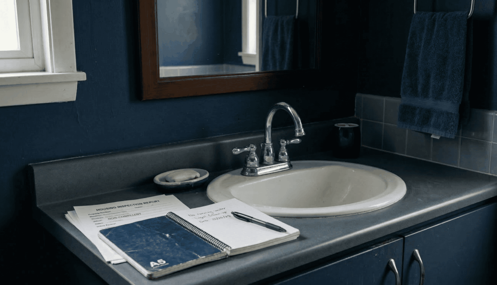 A washroom sink has papers and notebook on it.