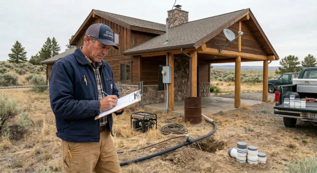 An official writing an examination report after examining the water supply of a house.