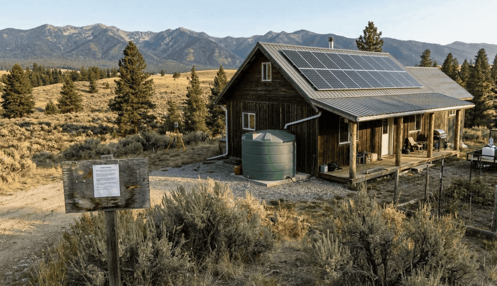 A house in the countryside surrounded by tress and mountains in the backdrop.