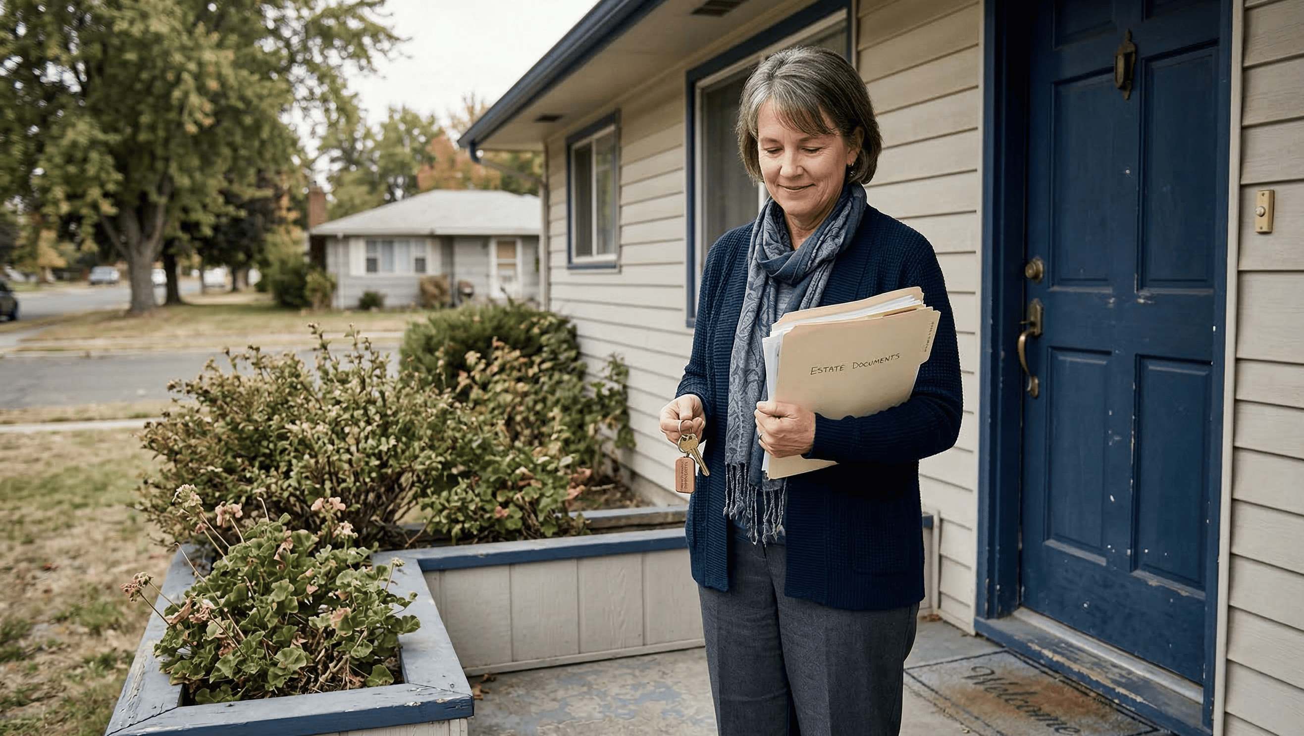 Woman standing outside a Kennewick home holding paperwork related to an inherited house sale.