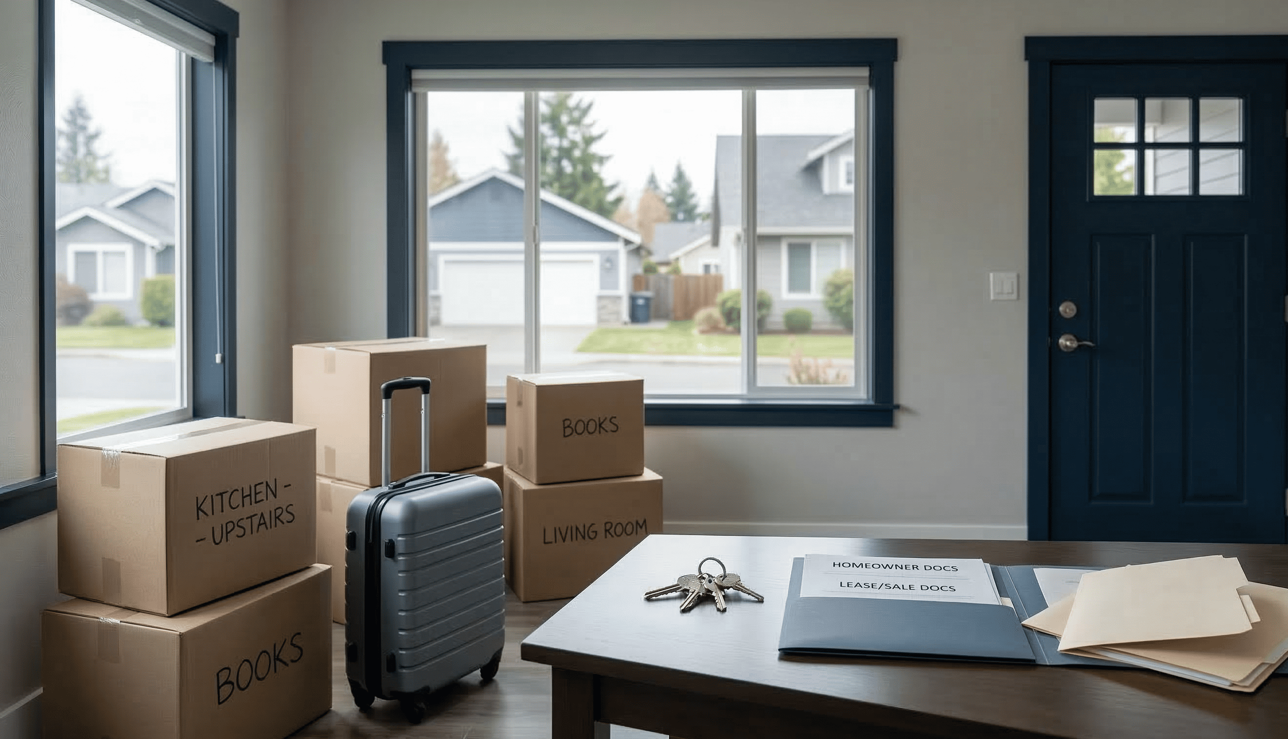 Packed boxes and luggage inside a home near the front door before relocating out of the Tri-Cities.