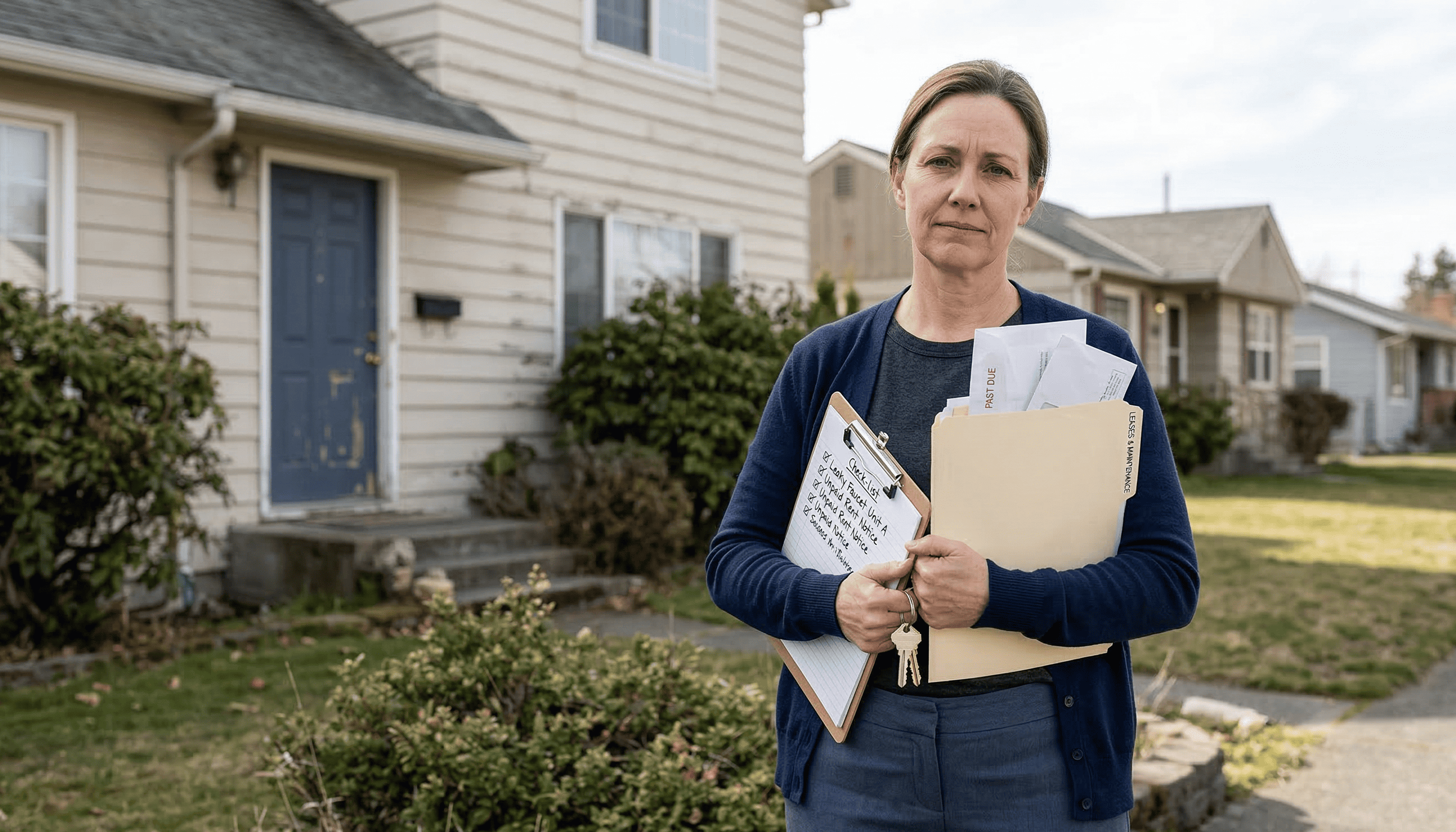 Property owner standing outside a rental home holding documents while dealing with landlord and property issues.