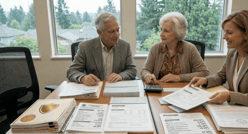 An older man and woman, representing home sellers, sit at a conference table reviewing real estate closing documents with a smiling female professional.