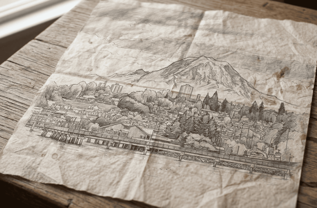 Tacoma city sketch placed on a table