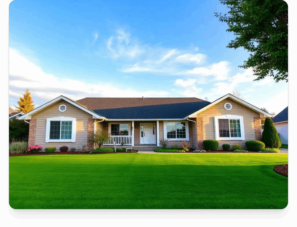 Front view of a single-story suburban house with a wide green lawn, brick and siding exterior, covered front porch, and blue sky overhead.