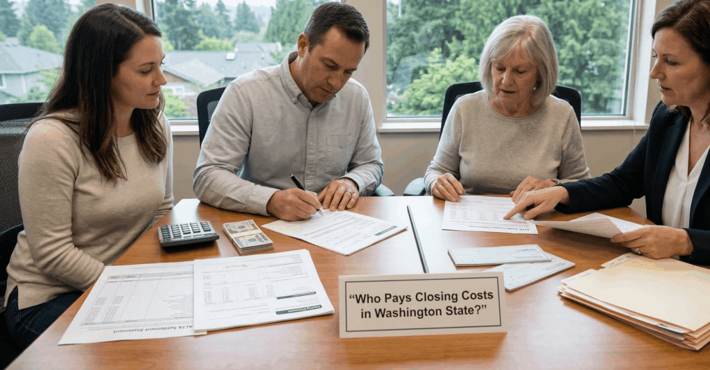 Four people sitting around a conference table during a real estate closing meeting. On the left, a young man is signing a document while sitting next to a young woman. On the right, a female professional is pointing to a piece of paper, explaining it to an older woman. The table is covered with various financial documents, a calculator, checks, a thick stack of cash, and manila folders. In the foreground, a prominent white sign displays the text, 'Who Pays Closing Costs in Washington State?'.