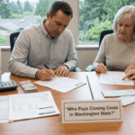 Four people sitting around a conference table during a real estate closing meeting. On the left, a young man is signing a document while sitting next to a young woman. On the right, a female professional is pointing to a piece of paper, explaining it to an older woman. The table is covered with various financial documents, a calculator, checks, a thick stack of cash, and manila folders. In the foreground, a prominent white sign displays the text, 'Who Pays Closing Costs in Washington State?'.