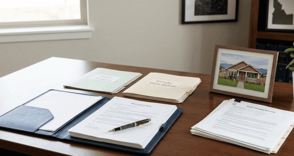 A well-organized, professional office desk setup is shown, prepared for legal and estate planning work. In the foreground, a dark blue leather portfolio holds a neat stack of white papers with a fountain pen resting on it.