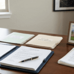 A well-organized, professional office desk setup is shown, prepared for legal and estate planning work. In the foreground, a dark blue leather portfolio holds a neat stack of white papers with a fountain pen resting on it.