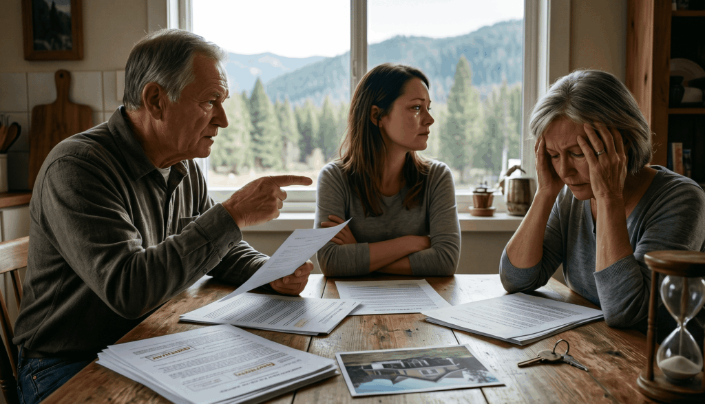 A tense family discussion around a wooden table covered with legal documents and house keys, showing an older man pointing firmly while two women look visibly stressed and upset.