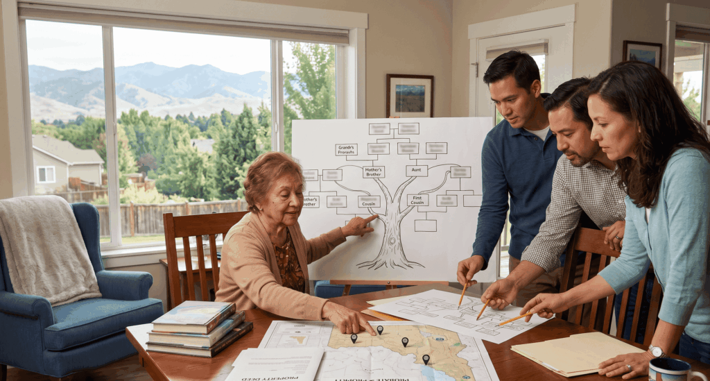 Four family members gathered around a dining table, actively analyzing a large hand-drawn family tree and a map of Idaho to determine estate inheritance.