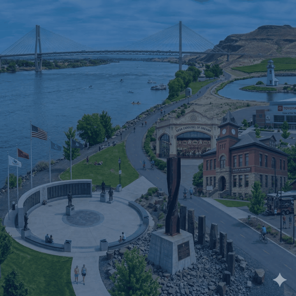 Collage of famous Kennewick landmarks featuring the Columbia River waterfront, cable bridge, Carousel of Dreams, East Benton County Historical Museum, lighthouse, memorial plaza, and riverfront trail.