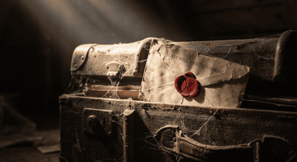 A dramatic beam of light illuminating a dusty, cobweb-covered vintage trunk in a dark room, revealing a hidden, wax-sealed envelope labeled "Last Will and Testament.