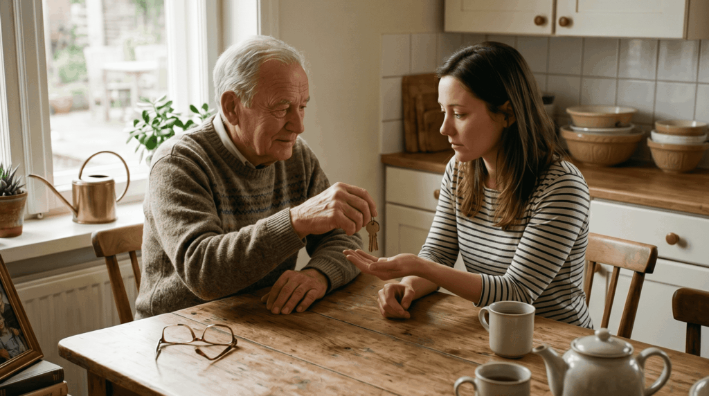 A somber elderly man hands a set of keys to a thoughtful younger woman across a rustic wooden table in a cozy, detailed kitchen.