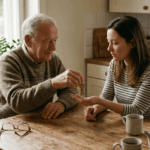 A somber elderly man hands a set of keys to a thoughtful younger woman across a rustic wooden table in a detailed kitchen.