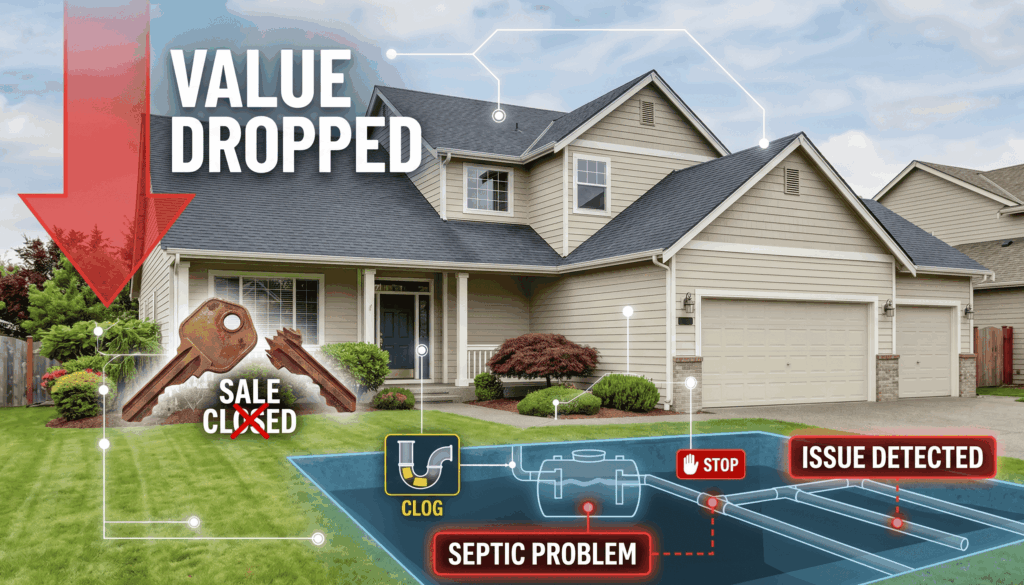 Suburban house infographic with a large 'VALUE DROPPED' arrow and a sub-surface diagram detailing a septic problem.