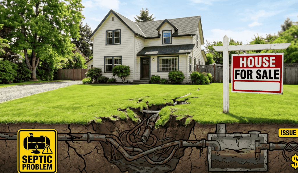 A house for sale with an underground cross-section diagram of a septic problem.