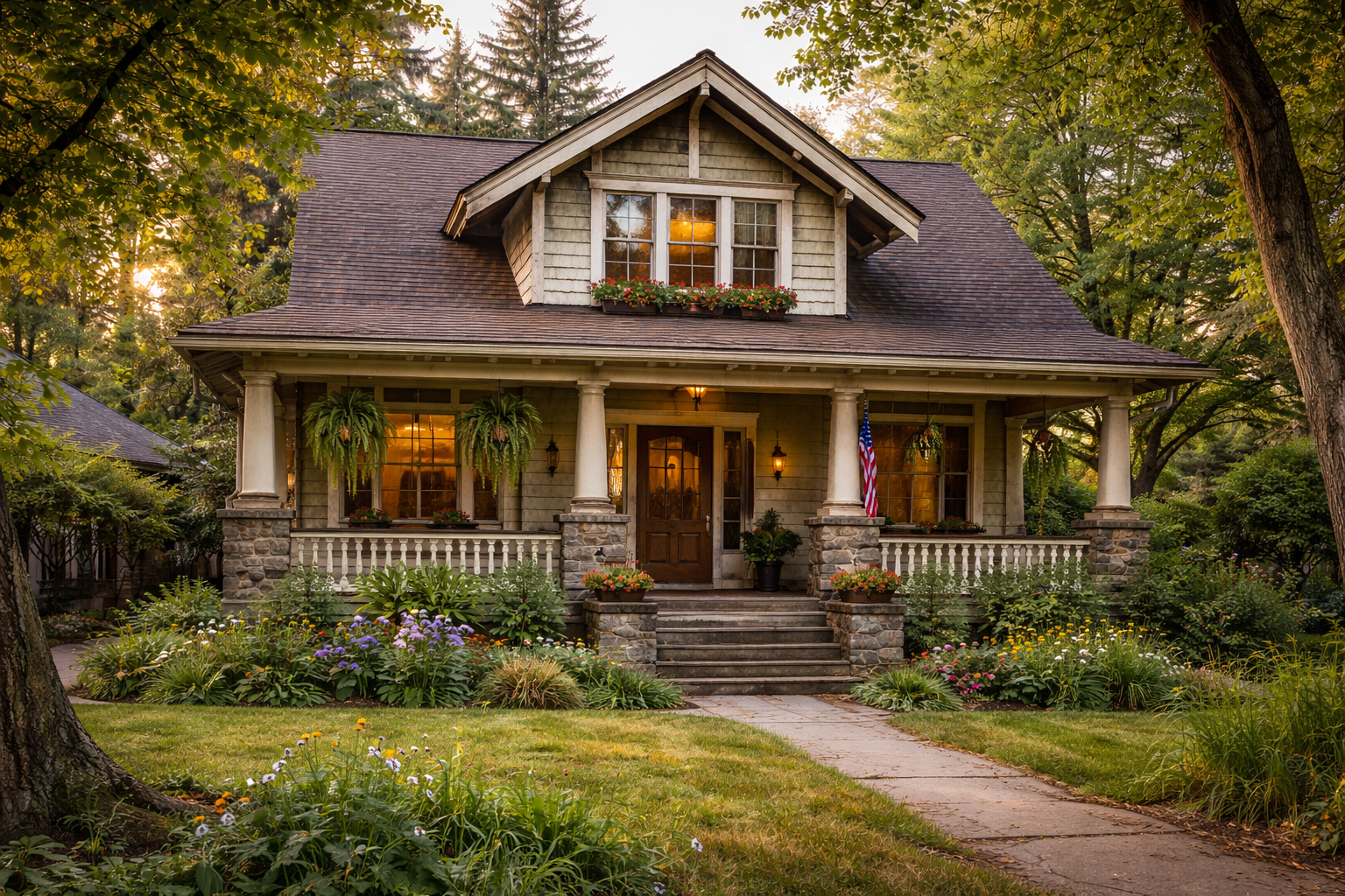 Charming Craftsman-style house with a covered front porch, wooden columns, landscaped garden, and a stone pathway leading to the entrance, surrounded by mature trees in a quiet residential neighborhood.